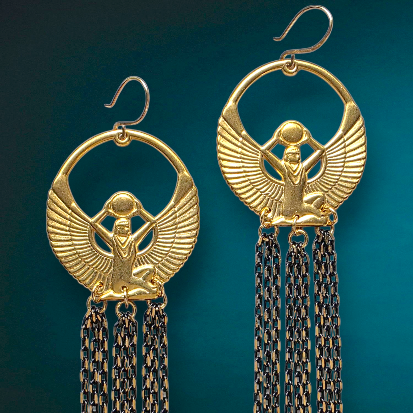 Brass Isis and Herkimer Chain Earrings