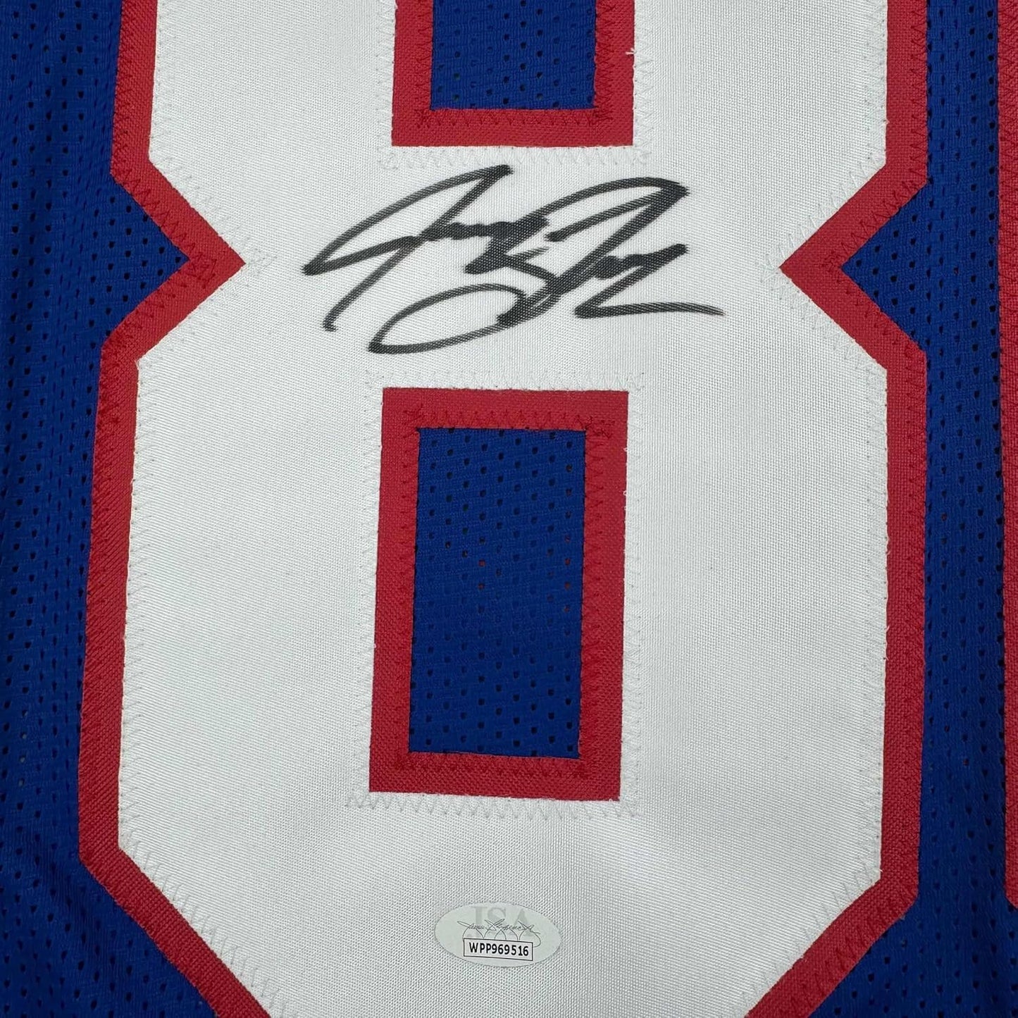 Framed Autographed/Signed Jeremy Shockey 35x39 New York Blue Retro Football Jersey JSA COA #2