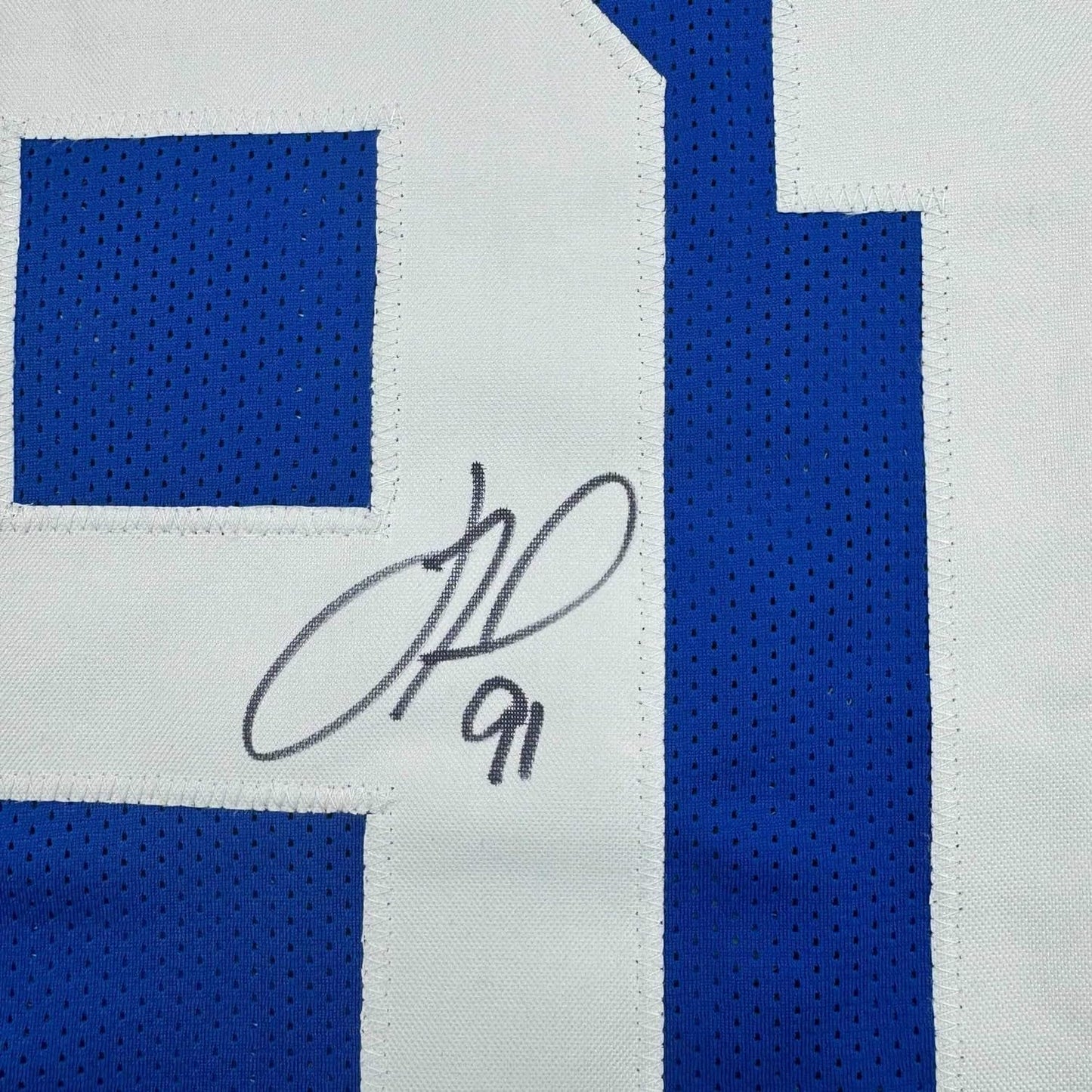 Framed Autographed/Signed Justin Tuck 35x39 New York Blue Football Jersey JSA COA