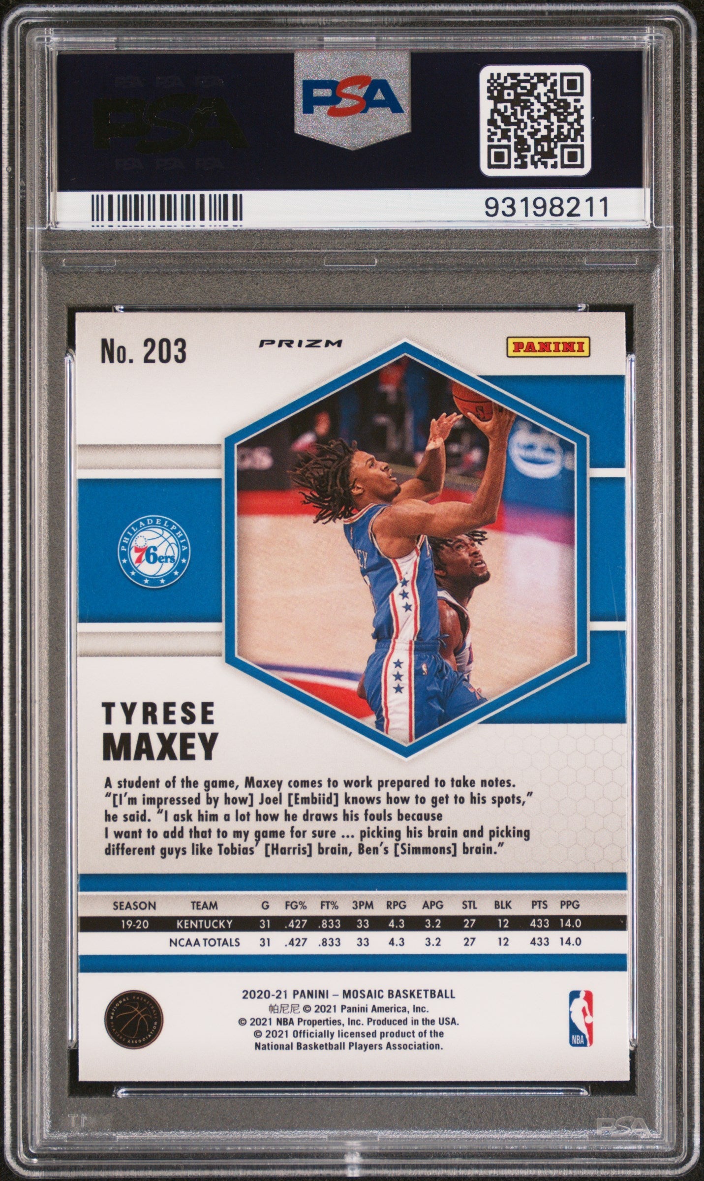 Graded 2020 Panini Mosaic Tyrese Maxey #203 Green Mosaic Rookie RC Basketball Card PSA 10 Gem Mint
