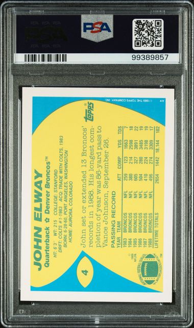 Graded 1989 Topps American/UK John Elway #4 Football Card PSA 10 Gem Mint