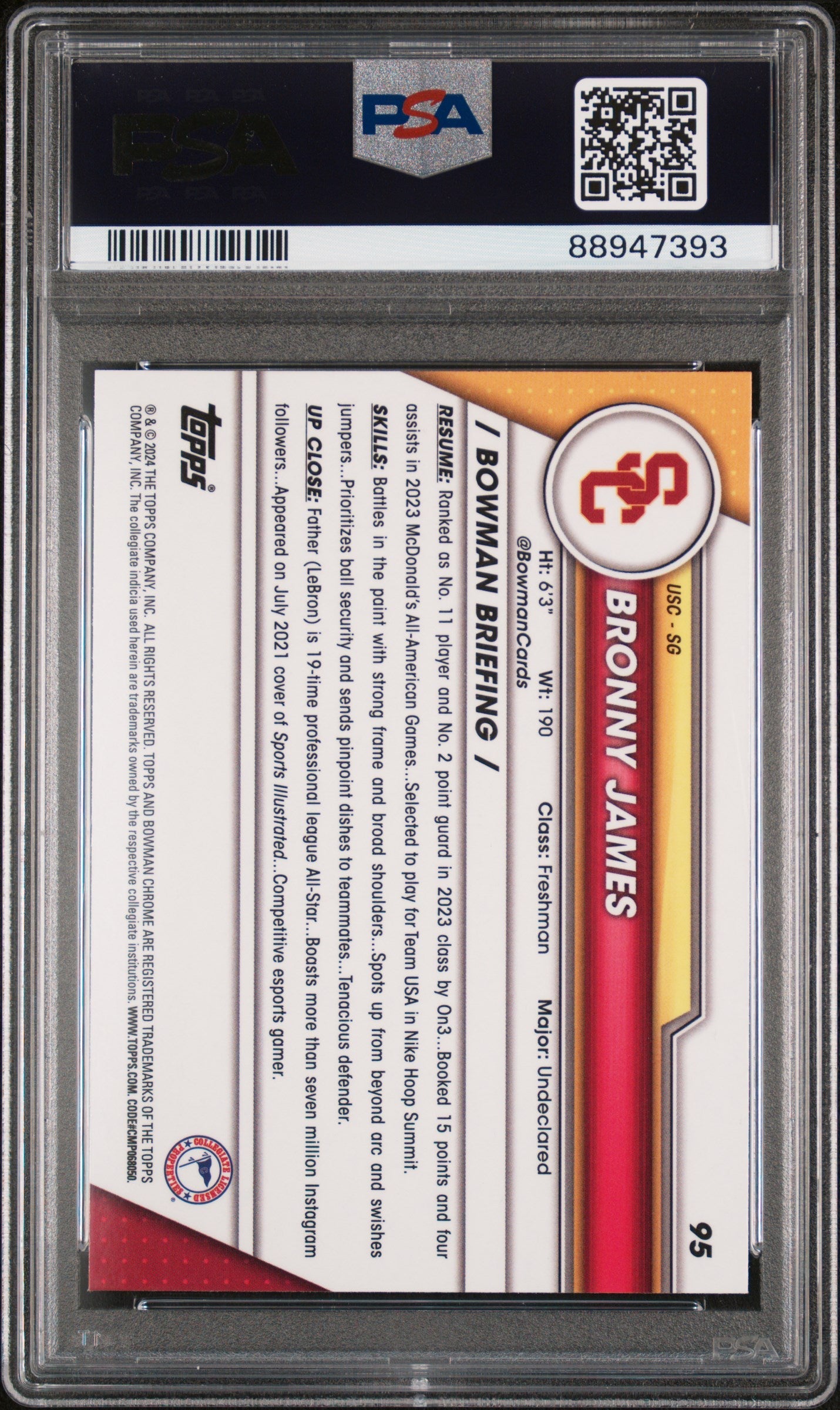 Graded 2023 Topps Bowman U Chrome Bronny James #95 Rookie RC Basketball Card PSA 10 Gem Mint