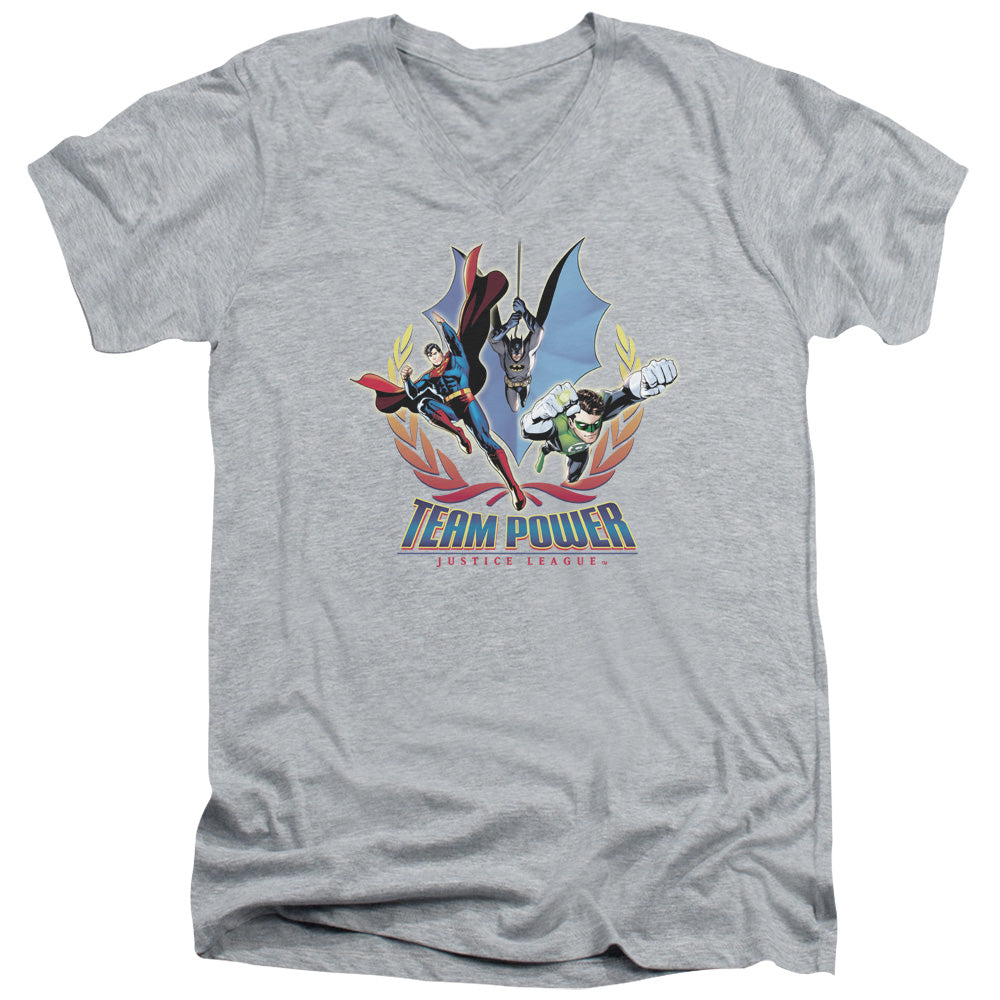Justice League Team Power Mens Slim Fit V-Neck T Shirt Athletic Heather Officially Licensed