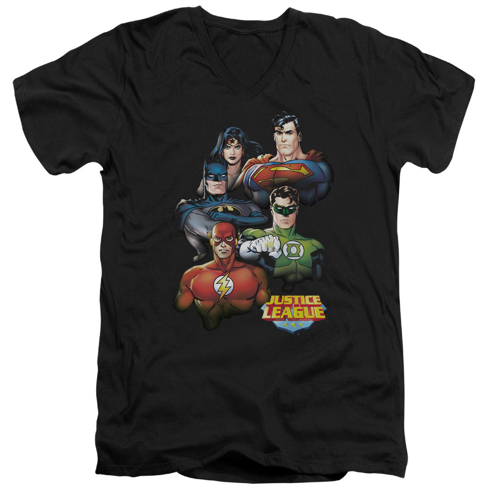 Justice League Group Portrait Mens Slim Fit V-Neck T Shirt Black Officially Licensed