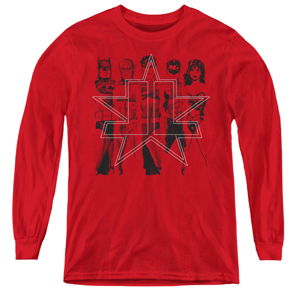 Justice League Five Stars Long Sleeve Kids Youth T Shirt Red Officially Licensed