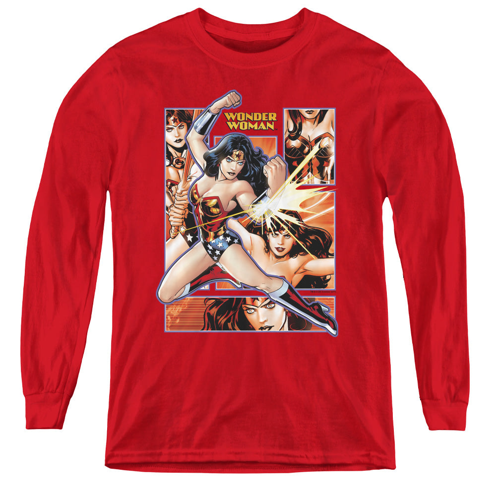 Justice League Wonder Woman Panels Long Sleeve Kids Youth T Shirt Red Officially Licensed