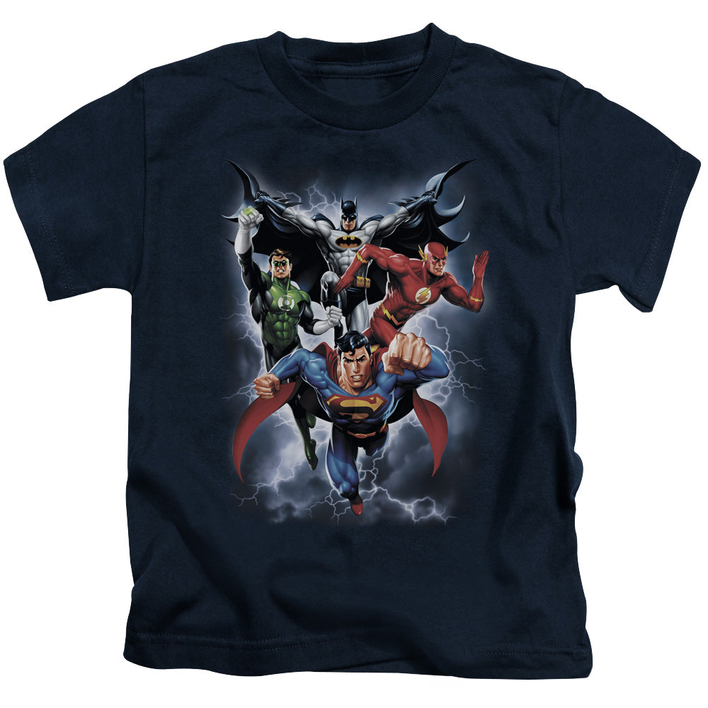 Justice League the Coming Storm Juvenile Kids Youth T Shirt Navy Blue Blue Officially Licensed