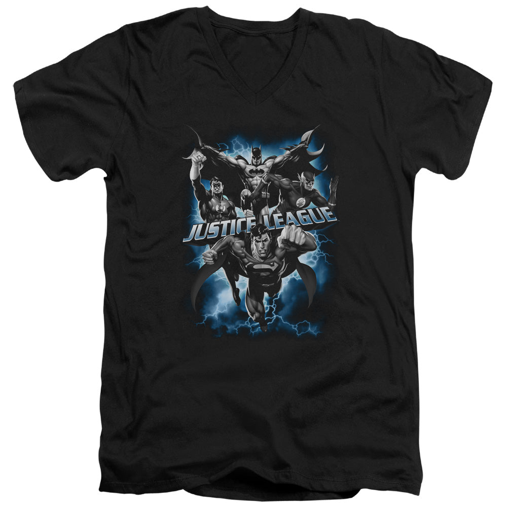 Justice League Justice Storm Mens Slim Fit V-Neck T Shirt Black Officially Licensed