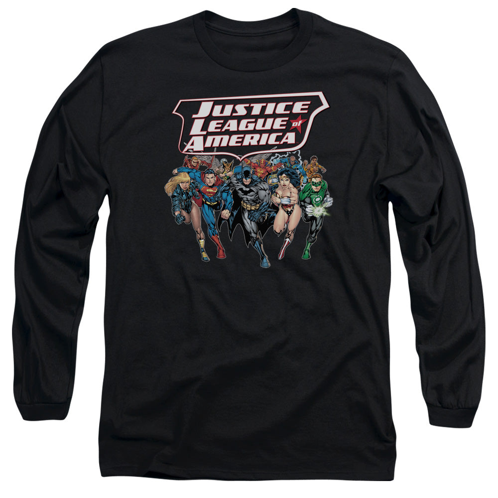 Justice League Charging Justice Mens Long Sleeve Shirt Black Officially Licensed