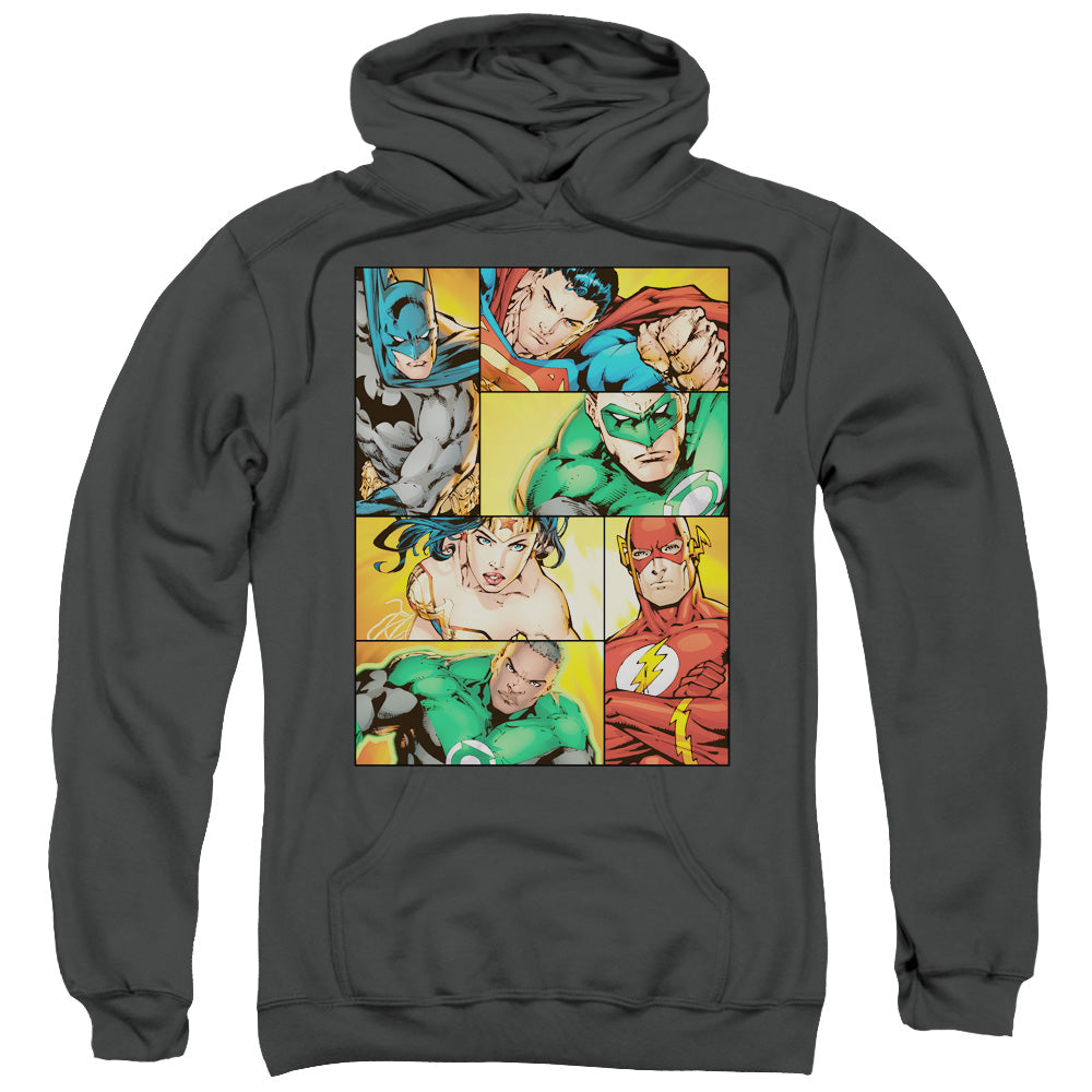 Justice League Hero Boxes Mens Hoodie Charcoal Officially Licensed
