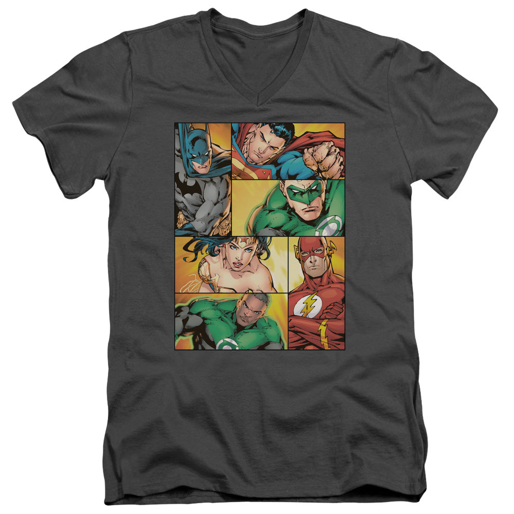 Justice League Hero Boxes Mens Slim Fit V-Neck T Shirt Charcoal Officially Licensed