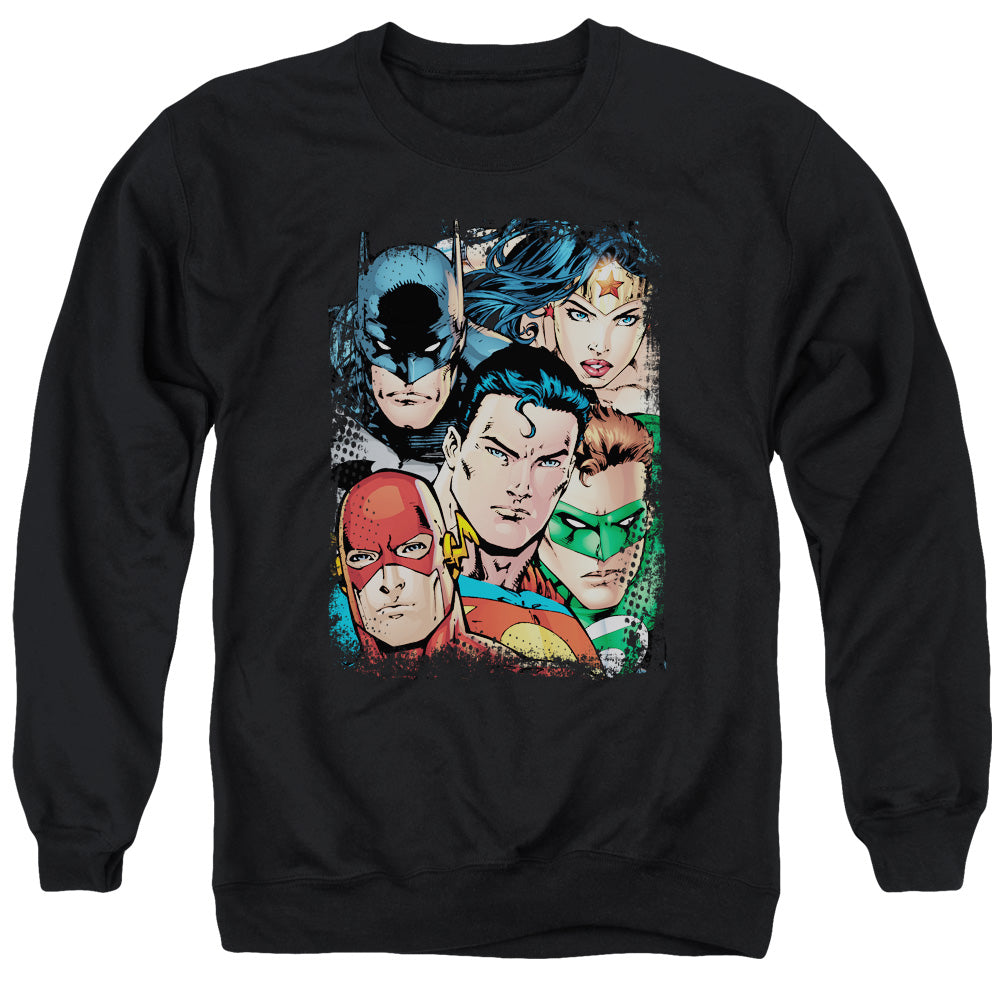 Justice League Of America Up Close And Personal Mens Crewneck Sweatshirt Black Officially Licensed