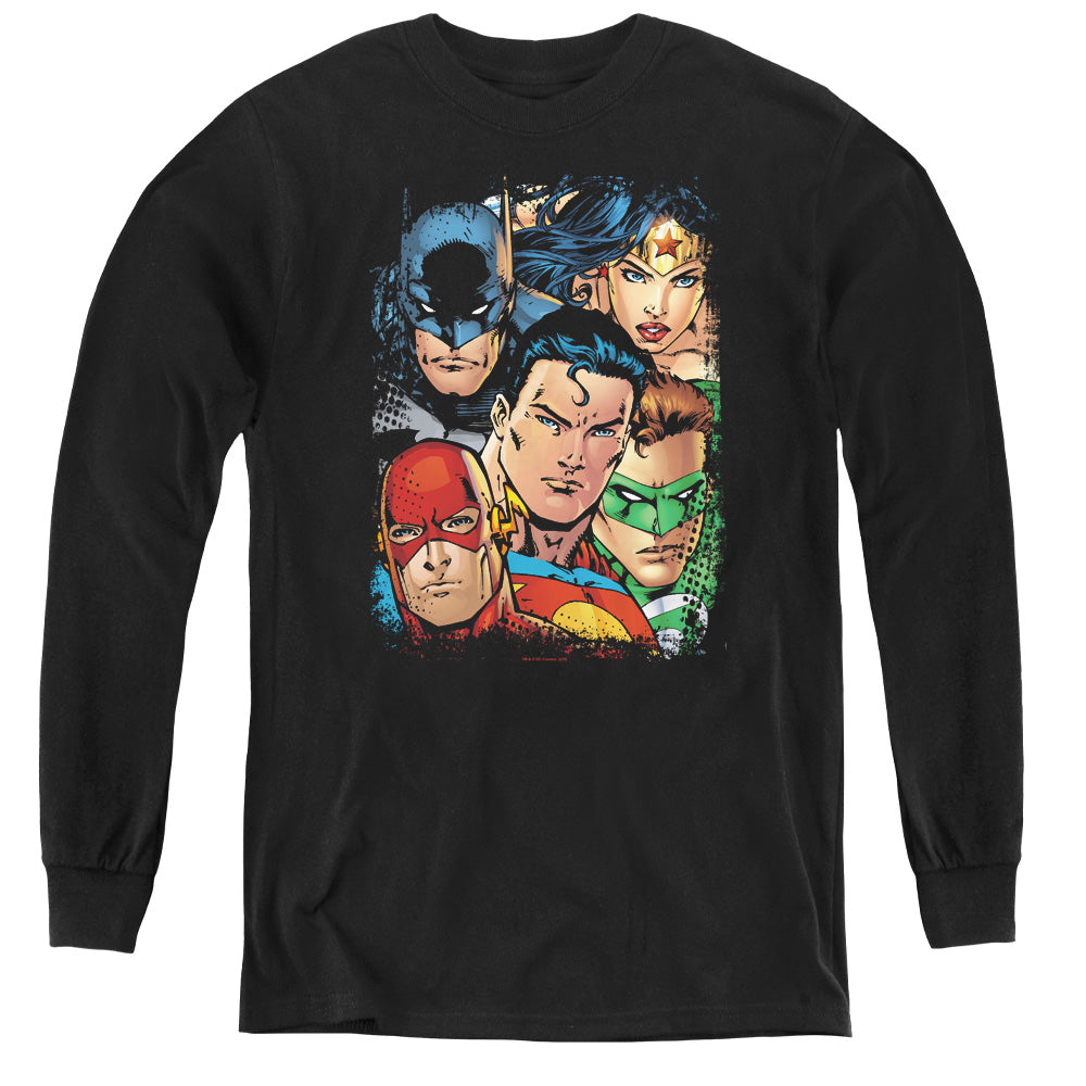 Justice League Up Close and Personal Long Sleeve Kids Youth T Shirt Black Officially Licensed