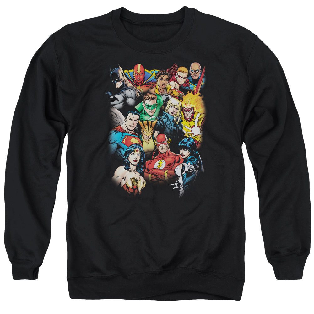 Justice League the League's All Here Mens Crewneck Sweatshirt Black Officially Licensed