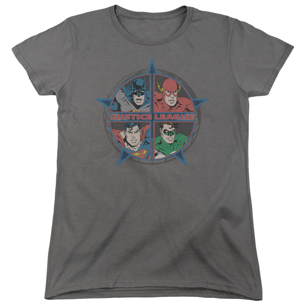 Justice League Four Heroes Womens T Shirt Charcoal Officially Licensed