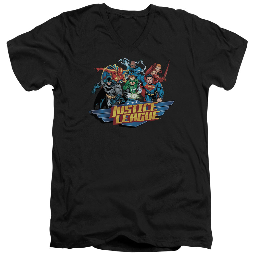 Justice League Ready to Fight Mens Slim Fit V-Neck T Shirt Black Officially Licensed