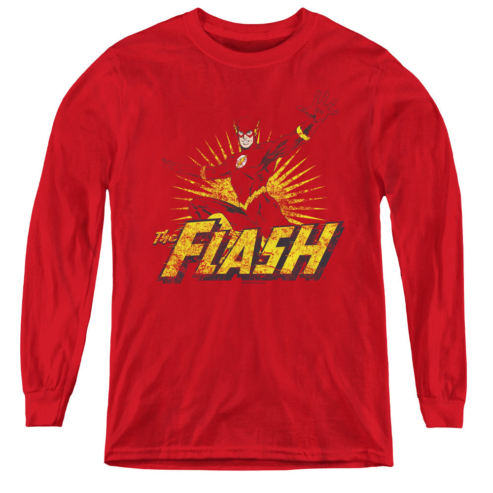 Justice League Flash Rough Distress Long Sleeve Kids Youth T Shirt Red Officially Licensed