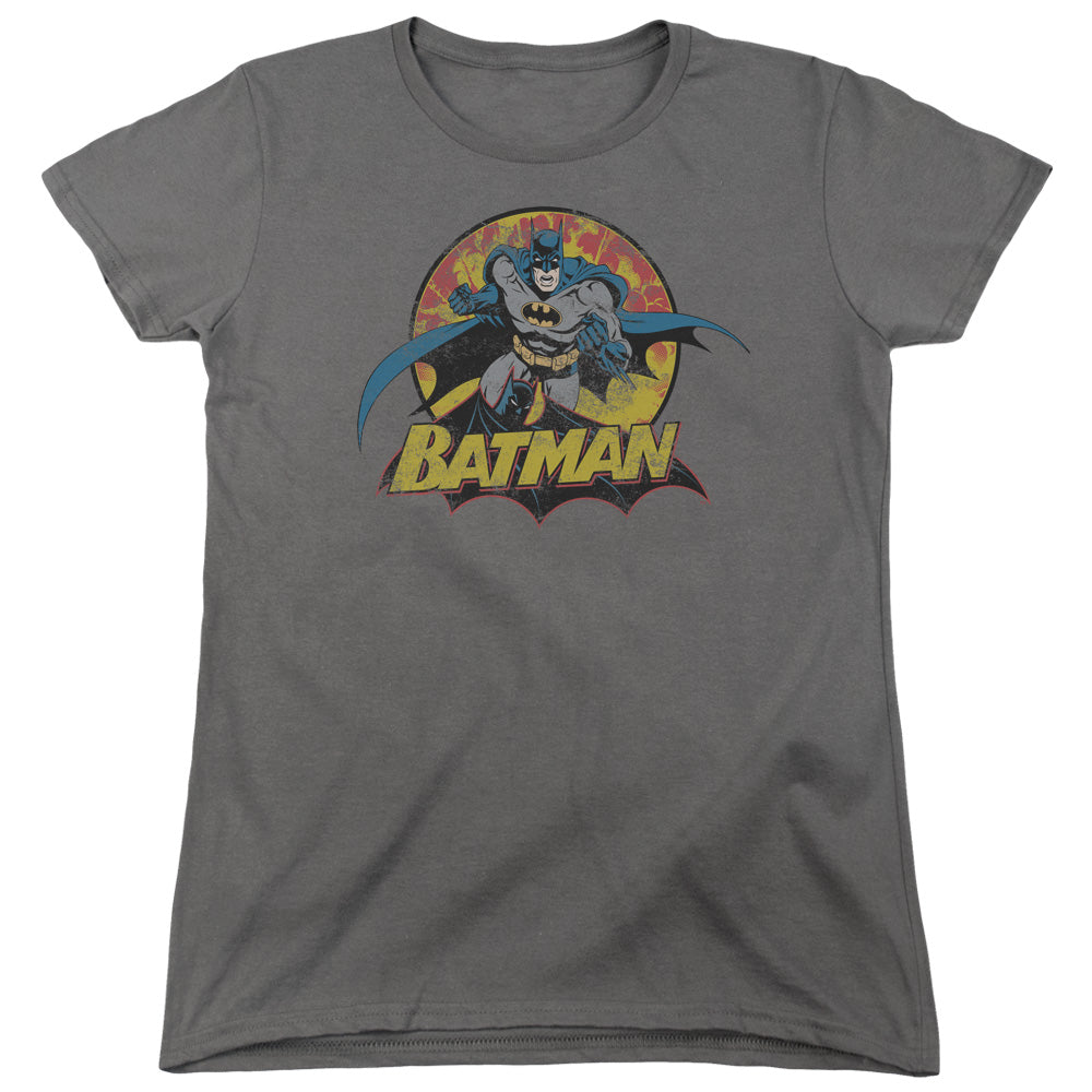 Justice League Batman Rough Distress Womens T Shirt Charcoal Officially Licensed