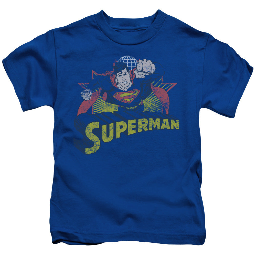 Justice League Superman Rough Distress Juvenile Kids Youth T Shirt Royal Blue Officially Licensed