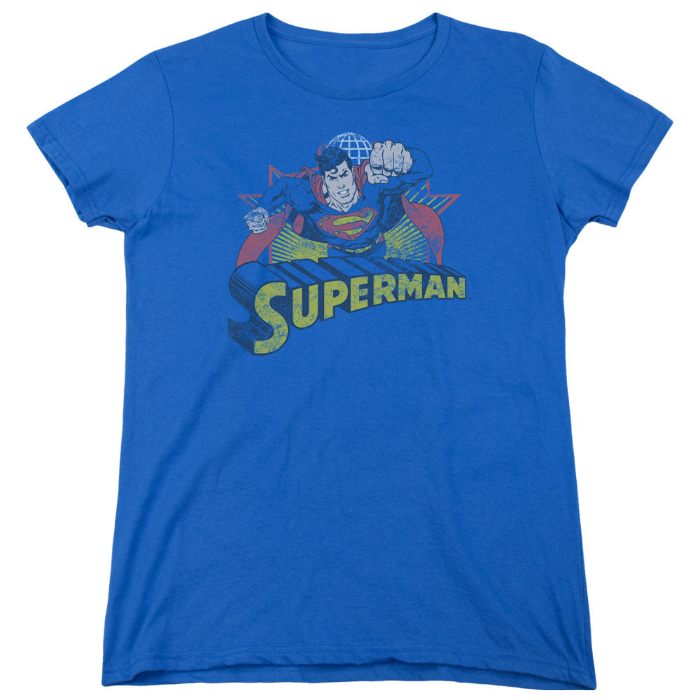 Justice League Superman Rough Distress Womens T Shirt Royal Blue Officially Licensed