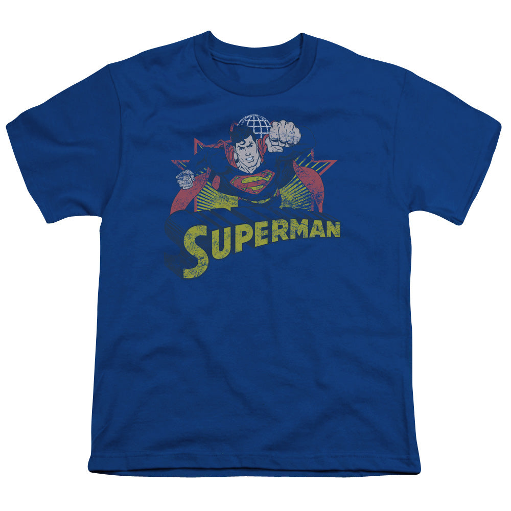 Justice League Superman Rough Distress Kids Youth T Shirt Royal Blue Officially Licensed