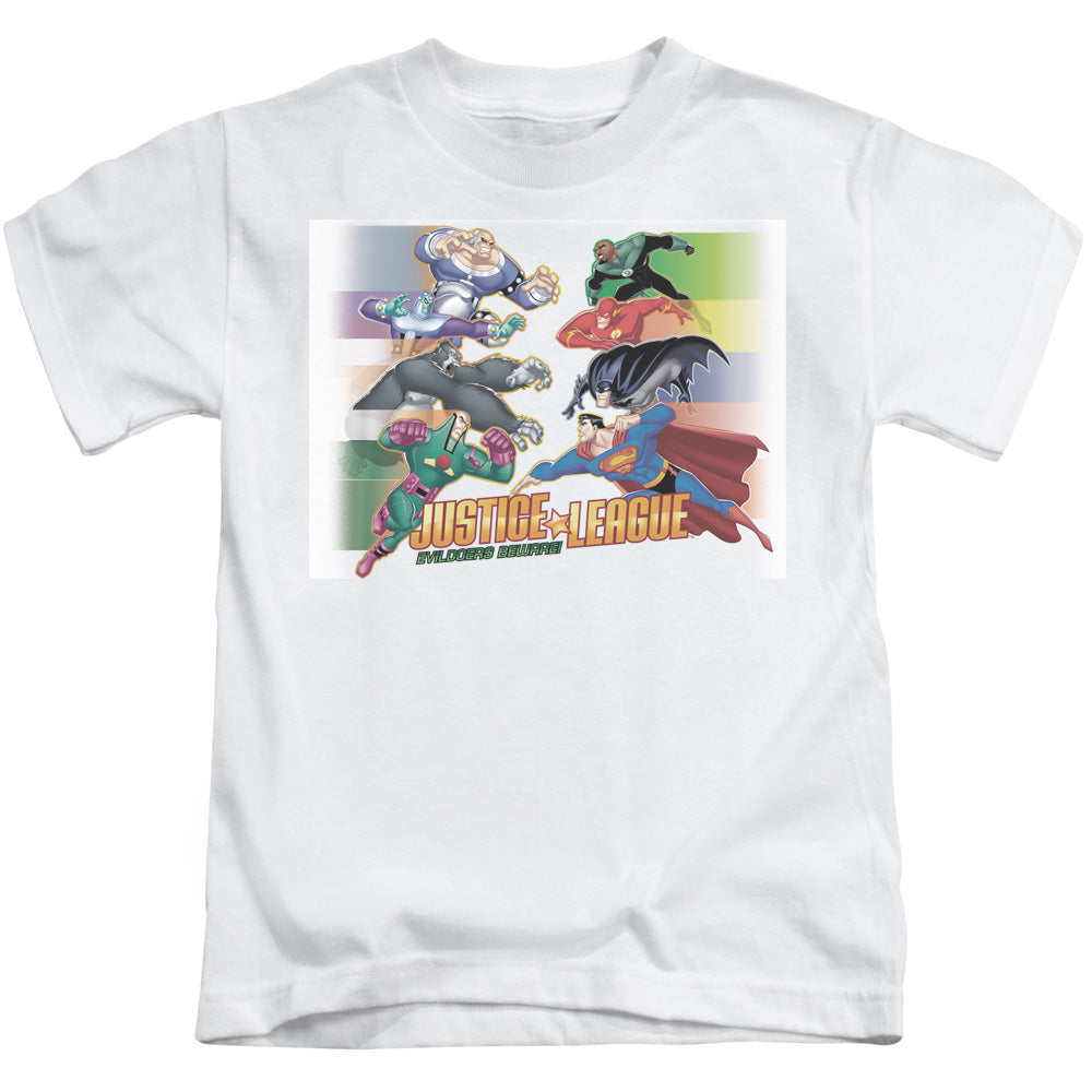Justice League Evildoers Beware Juvenile Kids Youth T Shirt White Officially Licensed