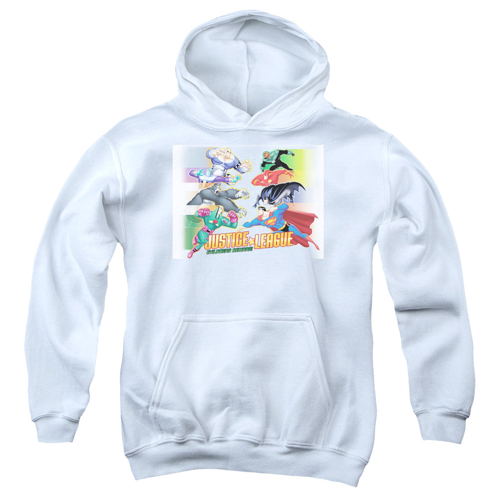 Justice League Evildoers Beware Kids Youth Hoodie White Officially Licensed