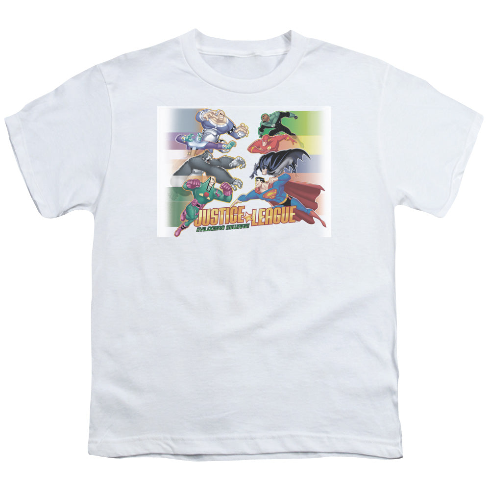 Justice League Evildoers Beware Kids Youth T Shirt White Officially Licensed