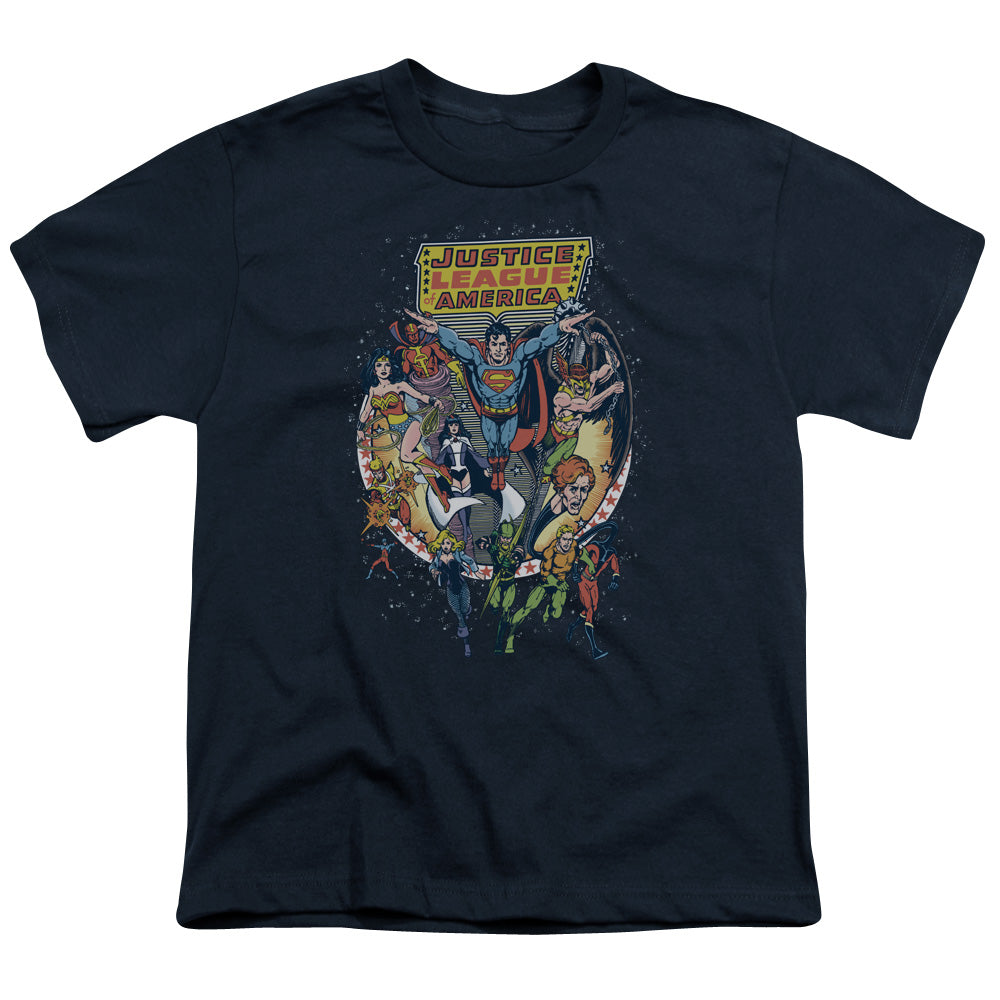 Justice League Star Group Kids Youth T Shirt Navy Blue Blue Officially Licensed