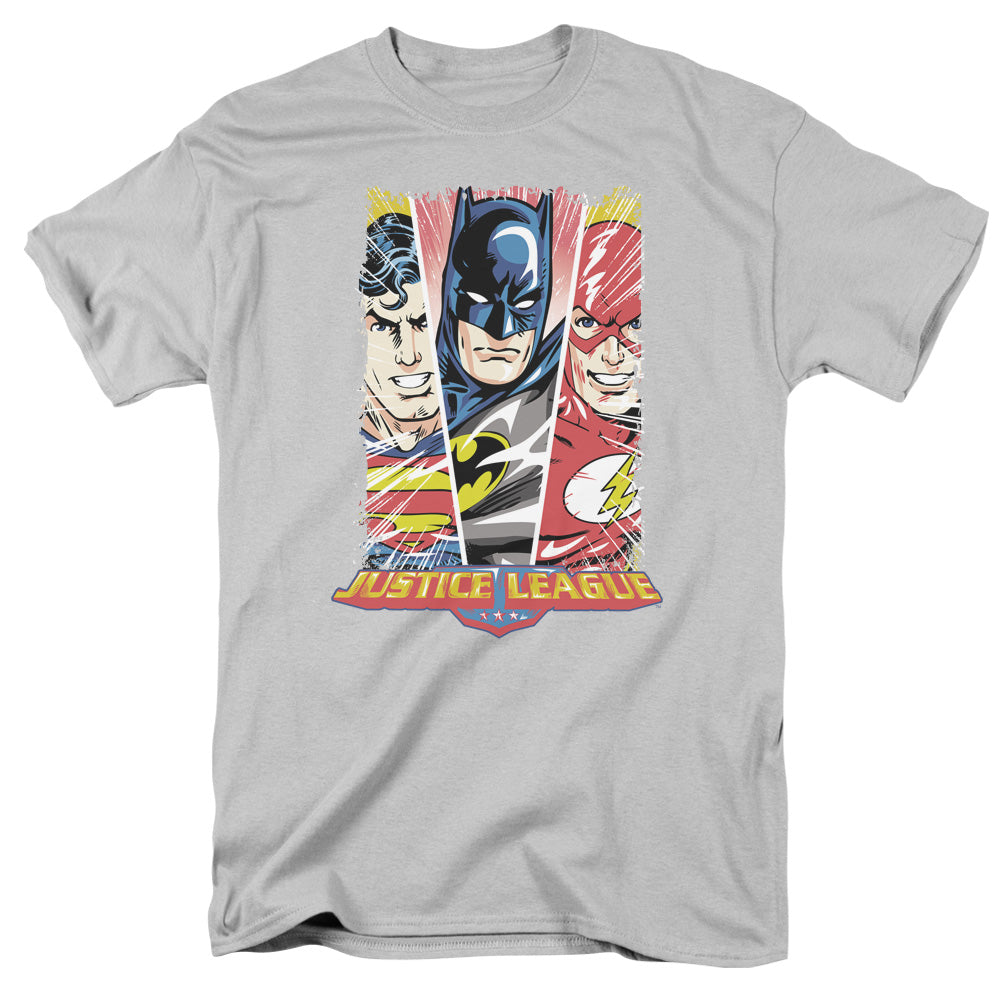 Justice League Of America Hero Triptych Mens T Shirt Silver Officially Licensed