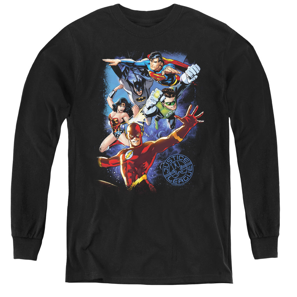 Justice League Galactic Attack Color Long Sleeve Kids Youth T Shirt Black Officially Licensed