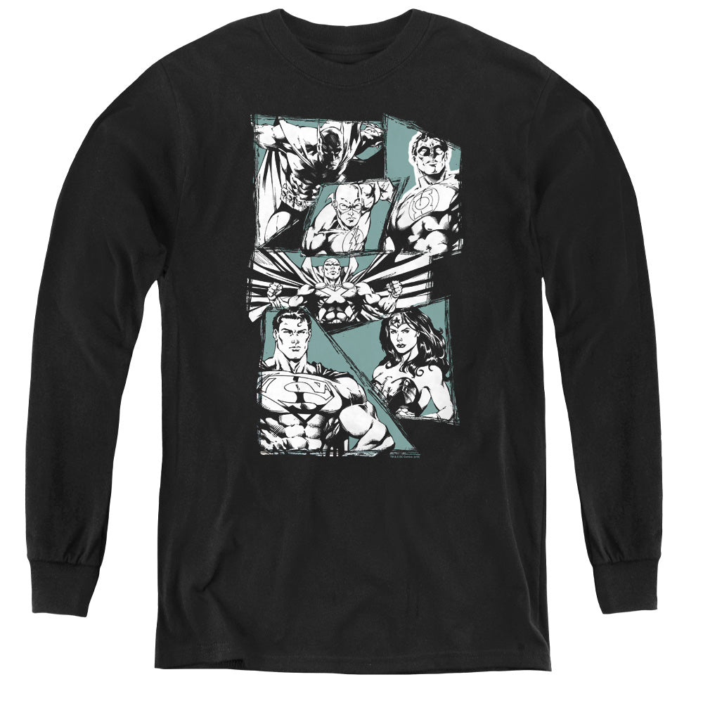 Justice League a Mighty League Long Sleeve Kids Youth T Shirt Black Officially Licensed