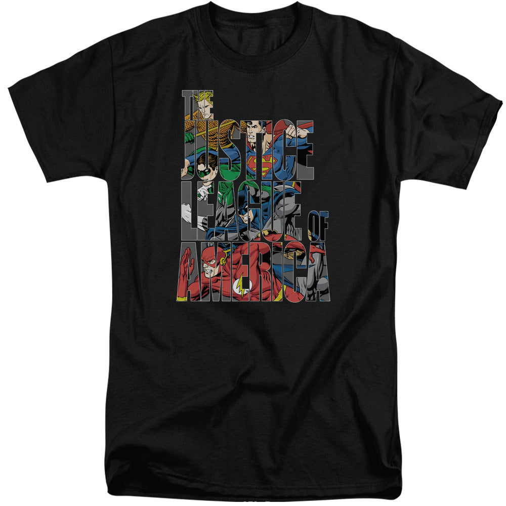 Justice League Lettered League Mens Tall T Shirt Black Officially Licensed