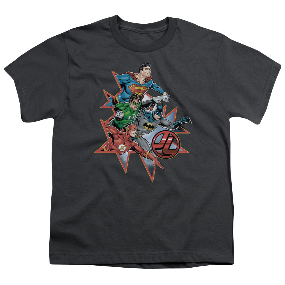 Justice League Starburst Kids Youth T Shirt Charcoal Officially Licensed