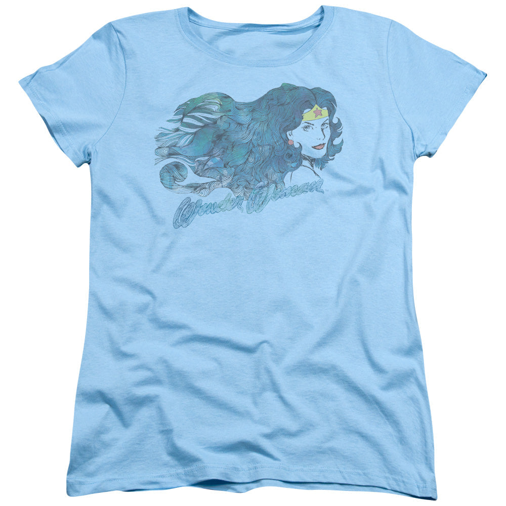 Justice League Watercolor Hair Womens T Shirt Light Blue Officially Licensed