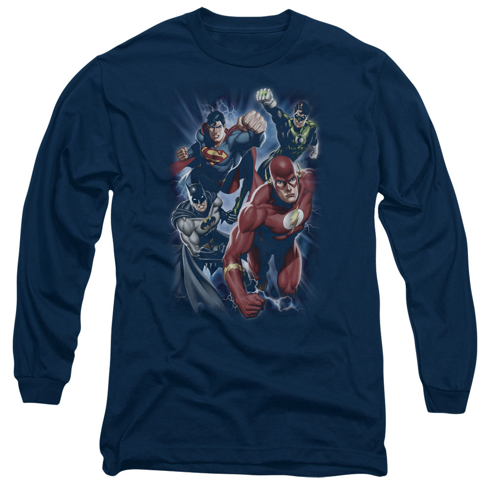 Justice League Storm Chasers Mens Long Sleeve Shirt Navy Blue Blue Officially Licensed
