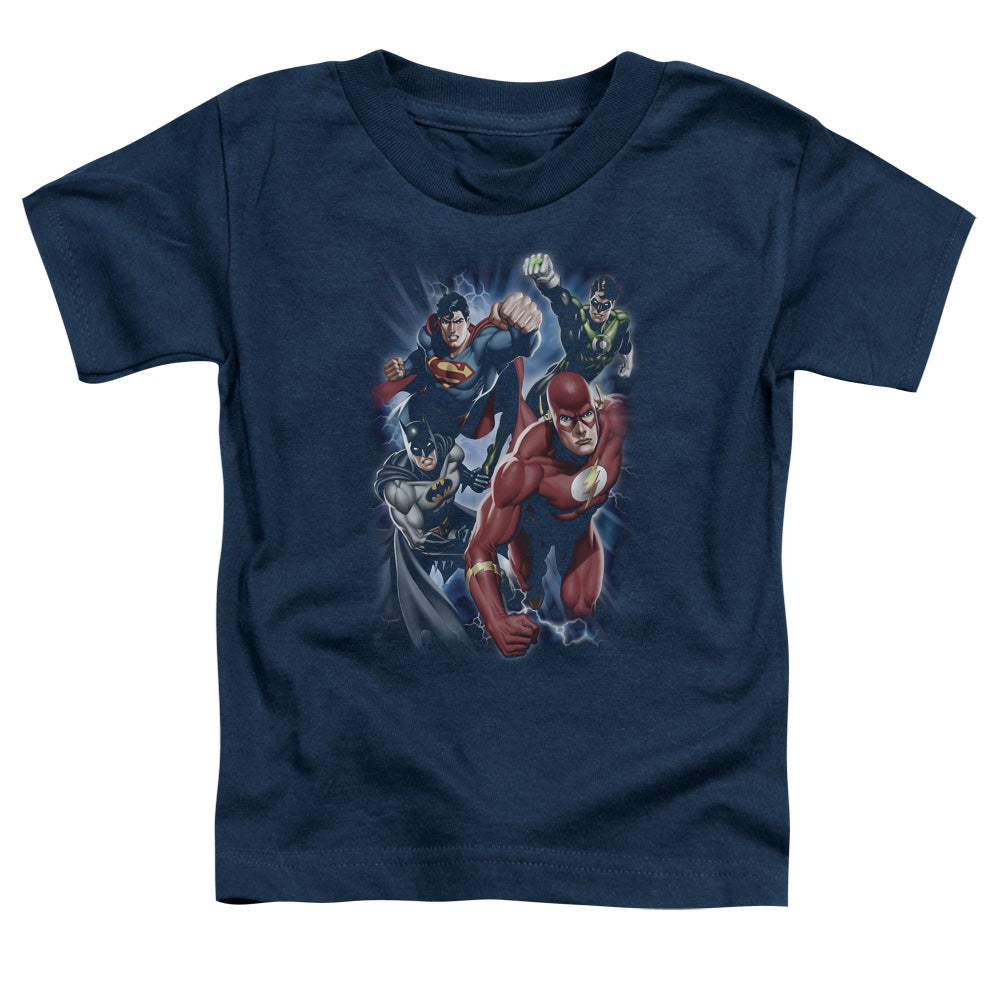 Justice League Storm Chasers Toddler Kids Youth T Shirt Navy Blue Blue Officially Licensed