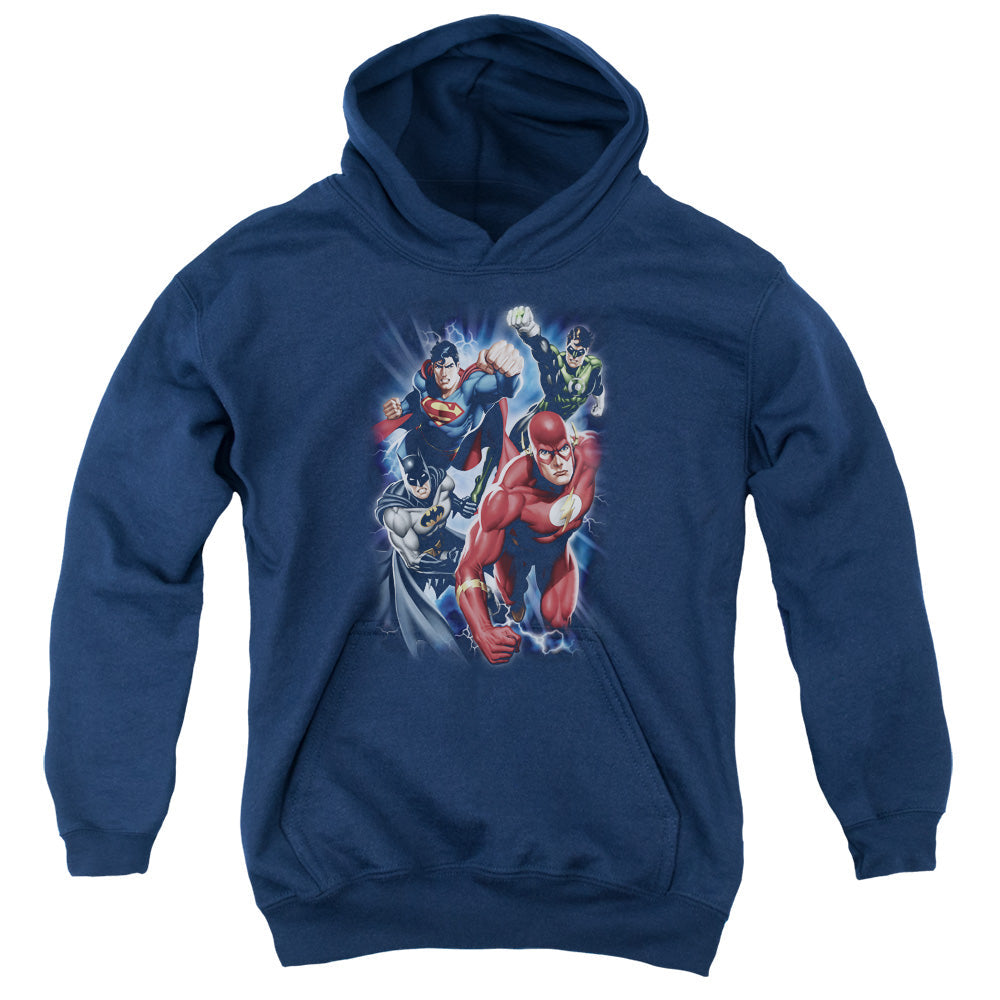 Justice League Storm Chasers Kids Youth Hoodie Navy Blue Blue Officially Licensed