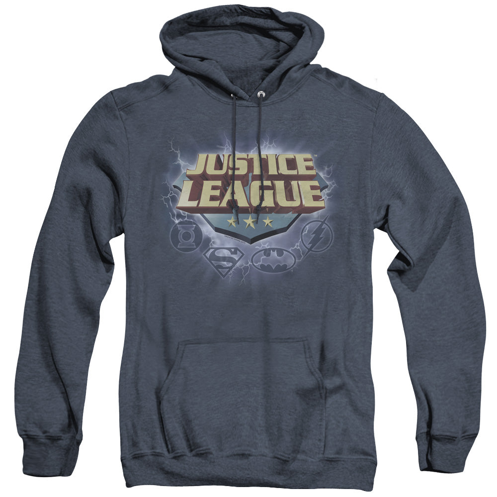 Justice League Storm Logo Heather Mens Hoodie Navy Blue Blue Officially Licensed