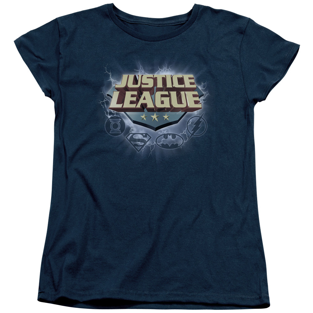 Justice League Storm Logo Womens T Shirt Navy Blue Blue Officially Licensed