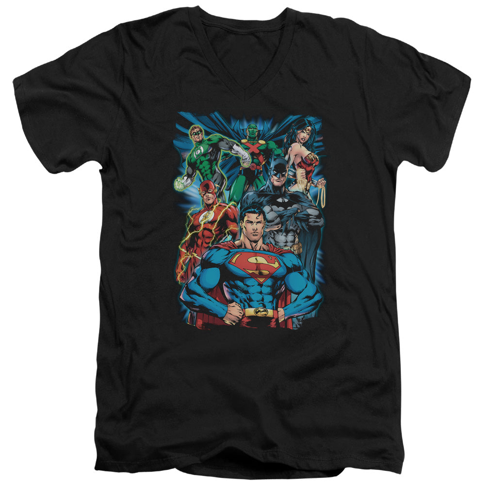 Justice League Justice is Served Mens Slim Fit V-Neck T Shirt Black Officially Licensed