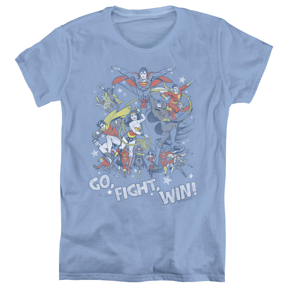 Justice League Go Fight Win Womens T Shirt Carolina Blue Officially Licensed