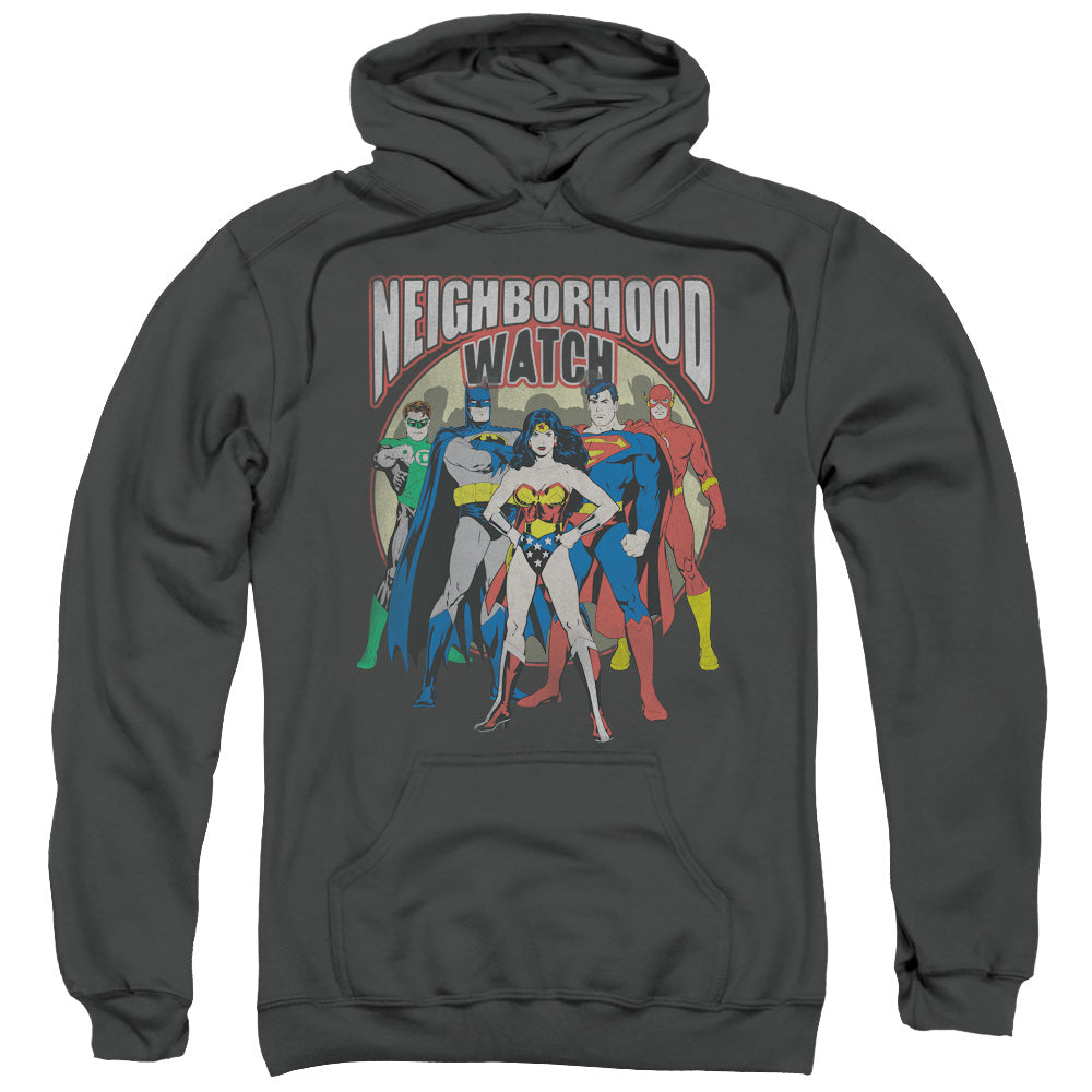 Justice League Neighborhood Watch Mens Hoodie Charcoal Officially Licensed
