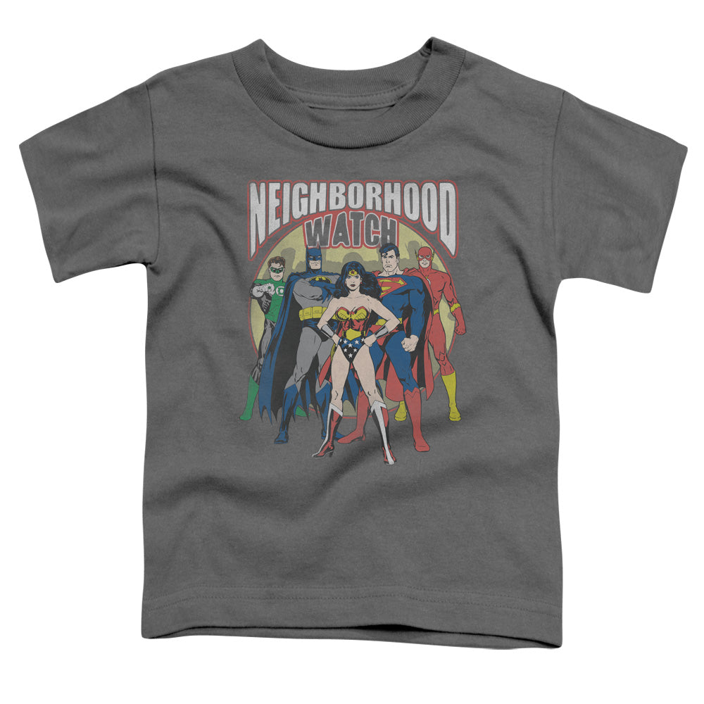 Justice League Neighborhood Watch Toddler Kids Youth T Shirt Charcoal Officially Licensed