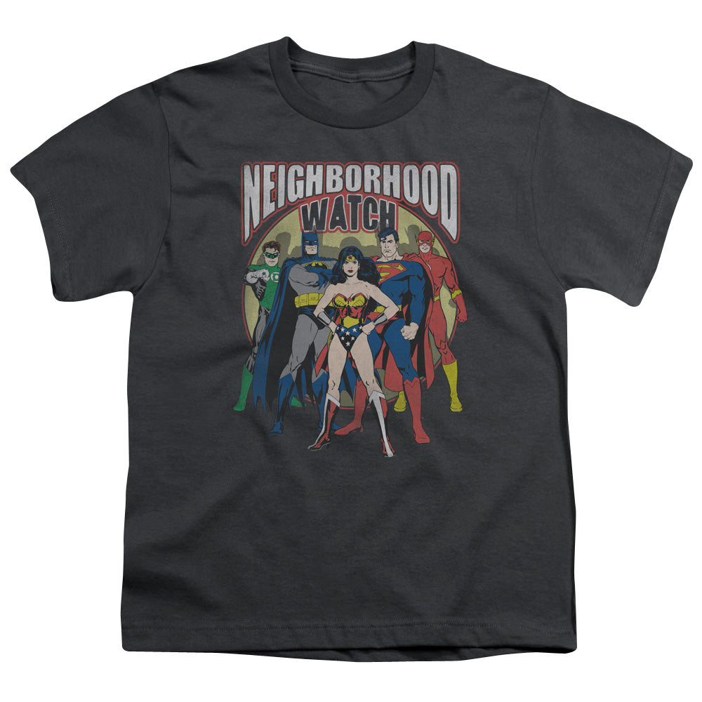 Justice League Neighborhood Watch Kids Youth T Shirt Charcoal Officially Licensed