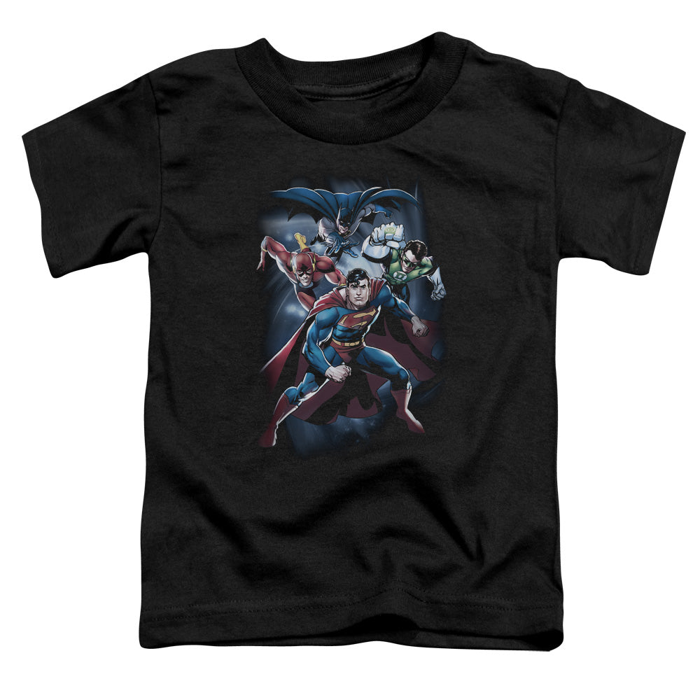 Justice League Coic Crew Toddler Kids Youth T Shirt Black Officially Licensed