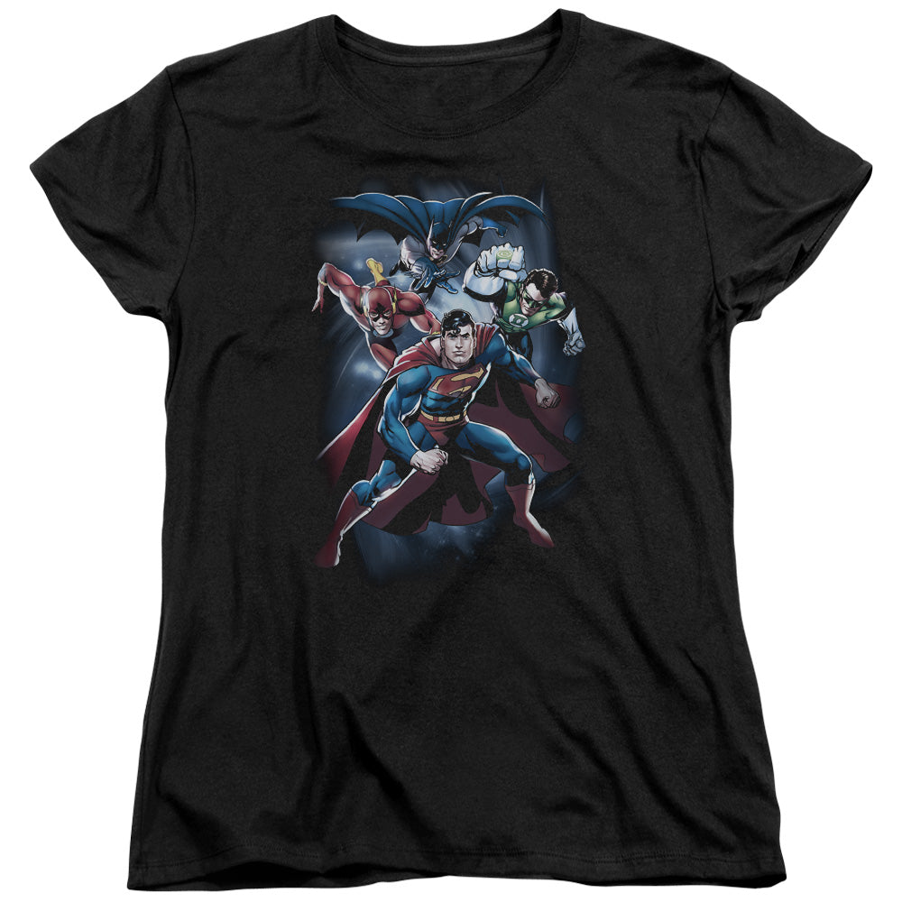 Justice League Coic Crew Womens T Shirt Black Officially Licensed