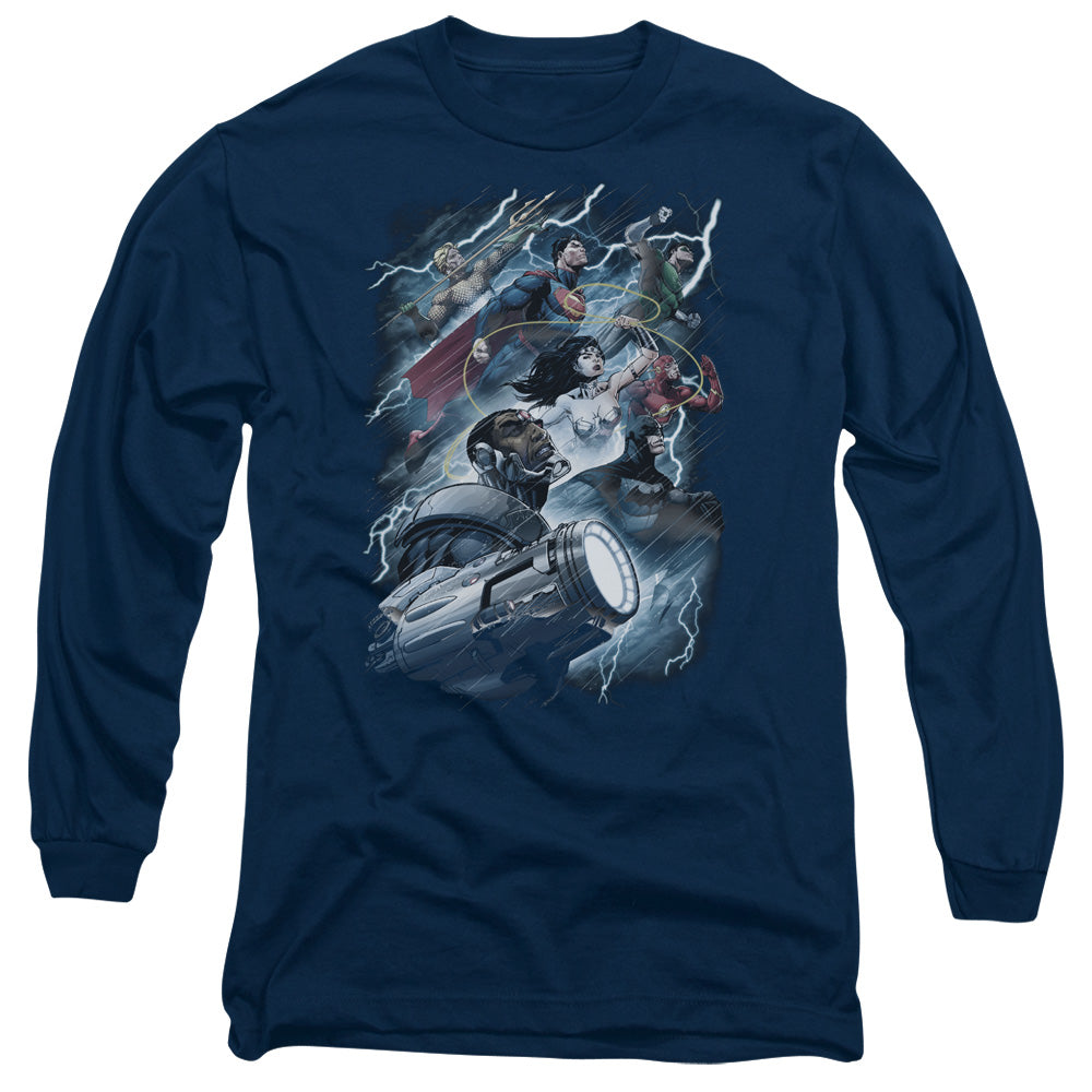 Justice League Ride the Lightening Mens Long Sleeve Shirt Navy Blue Blue Officially Licensed
