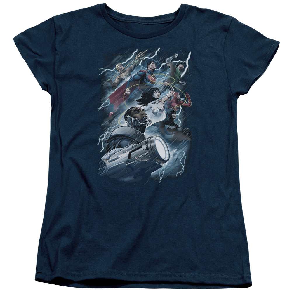 Justice League Ride the Lightening Womens T Shirt Navy Blue Blue Officially Licensed