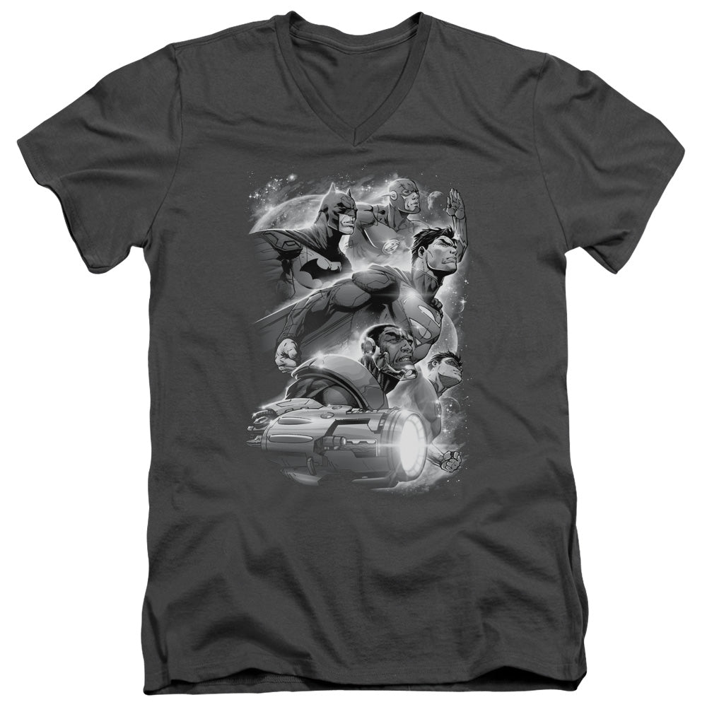 Justice League Atmospheric Mens Slim Fit V-Neck T Shirt Charcoal Officially Licensed